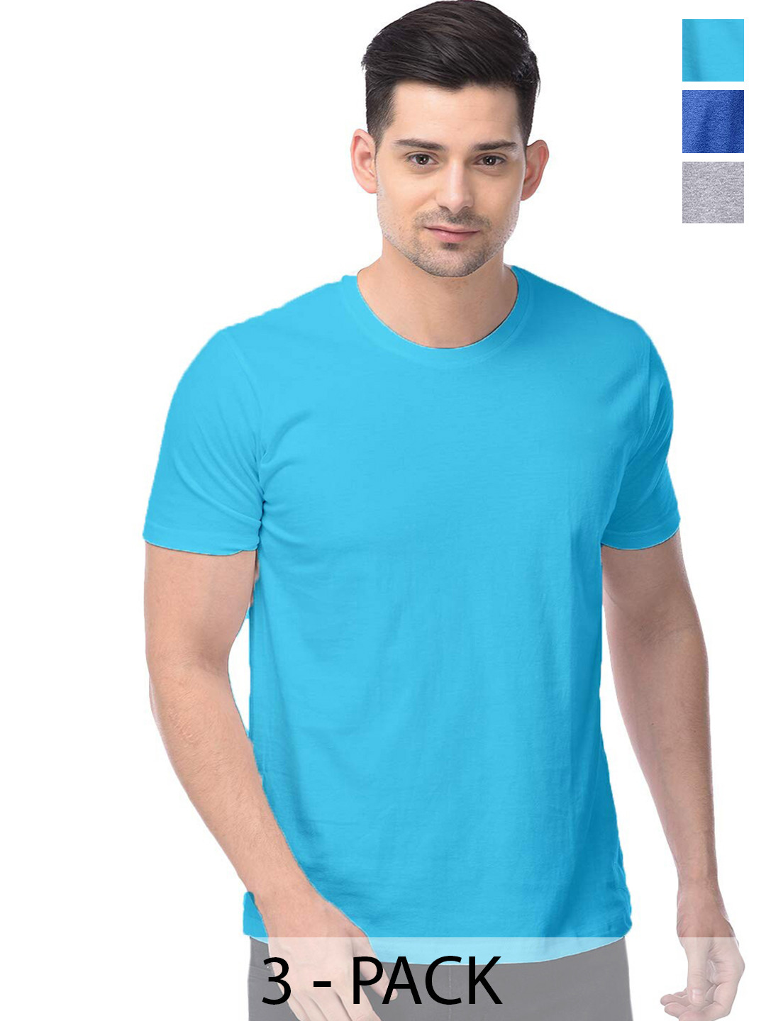 

COLOR CAPITAL Pack Of 3 Round Neck Short Sleeves Cotton T-shirts, Blue