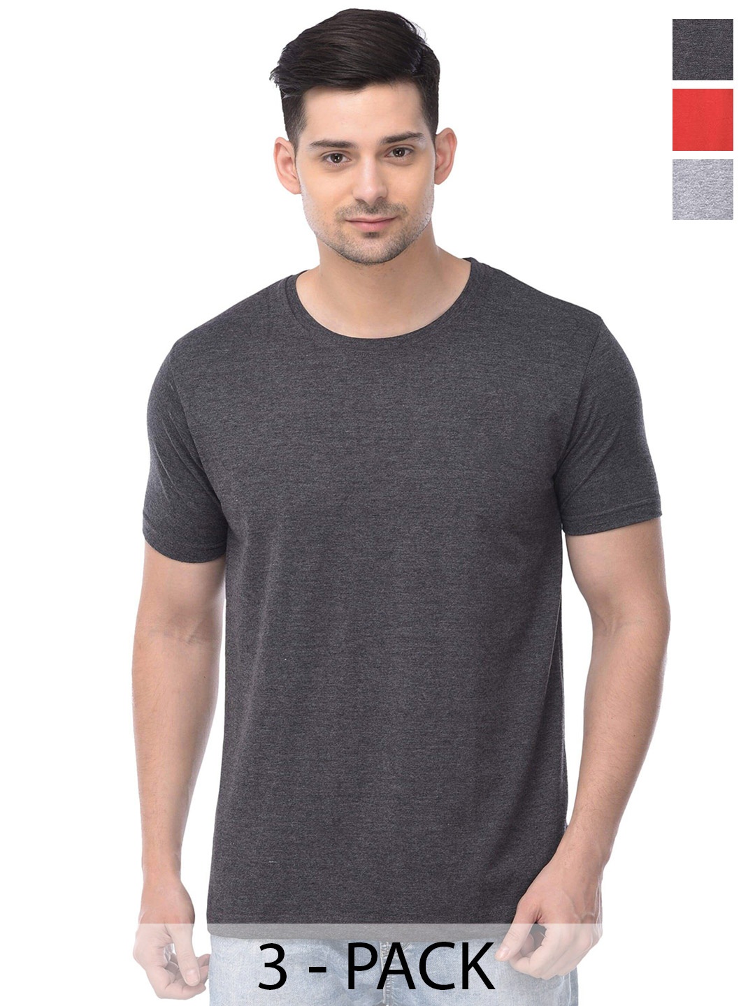 

COLOR CAPITAL Pack Of 3 Round Neck Short Sleeves Cotton T-shirts, Grey