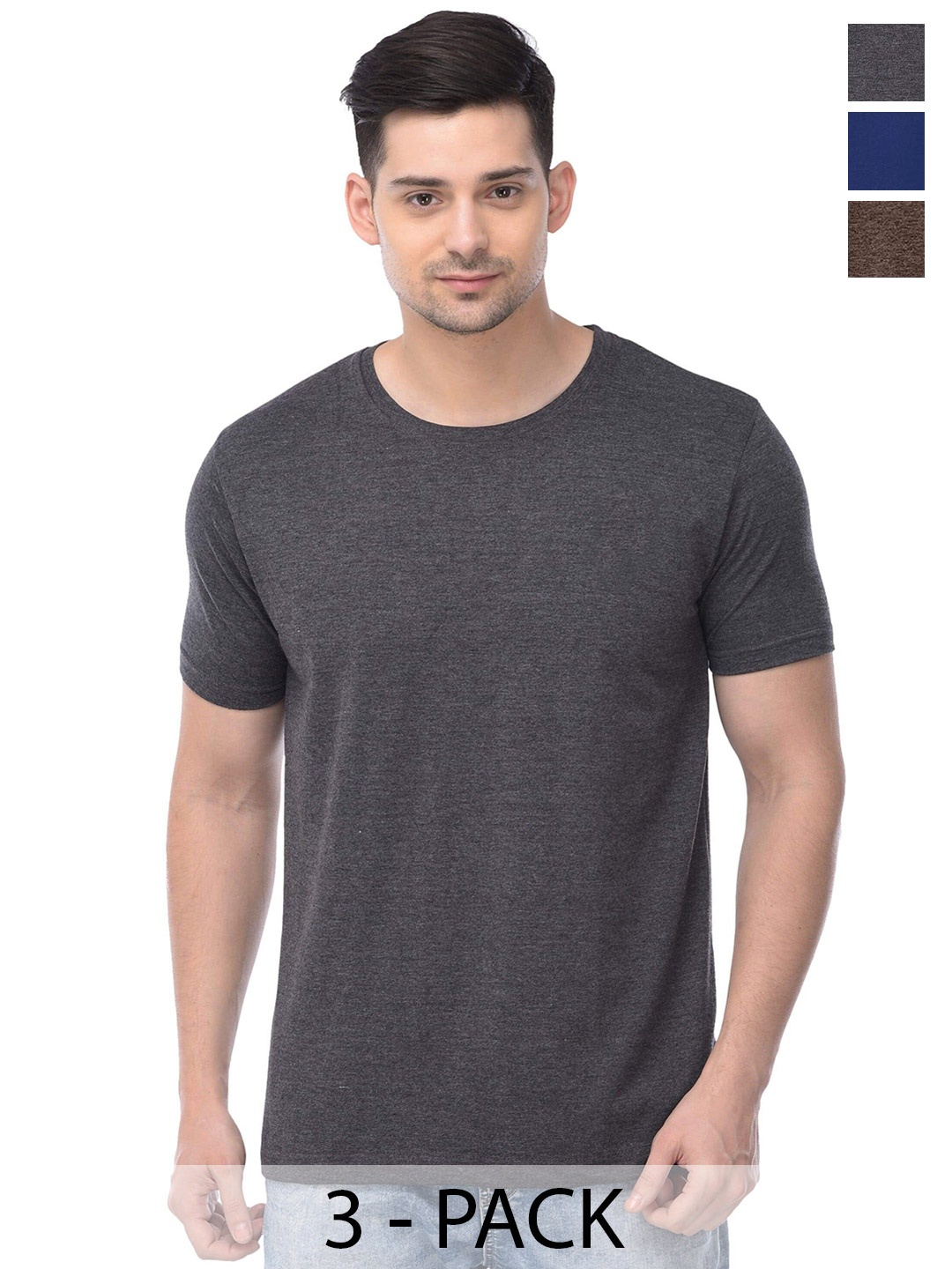 

COLOR CAPITAL Pack Of 3 Round Neck Cotton T-shirts, Grey