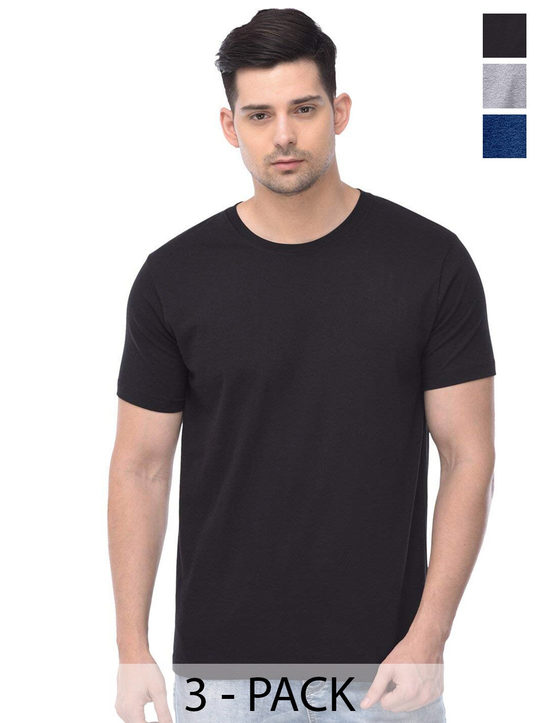 COLOR CAPITAL Pack Of 3 Round Neck Cotton T-shirts, Black