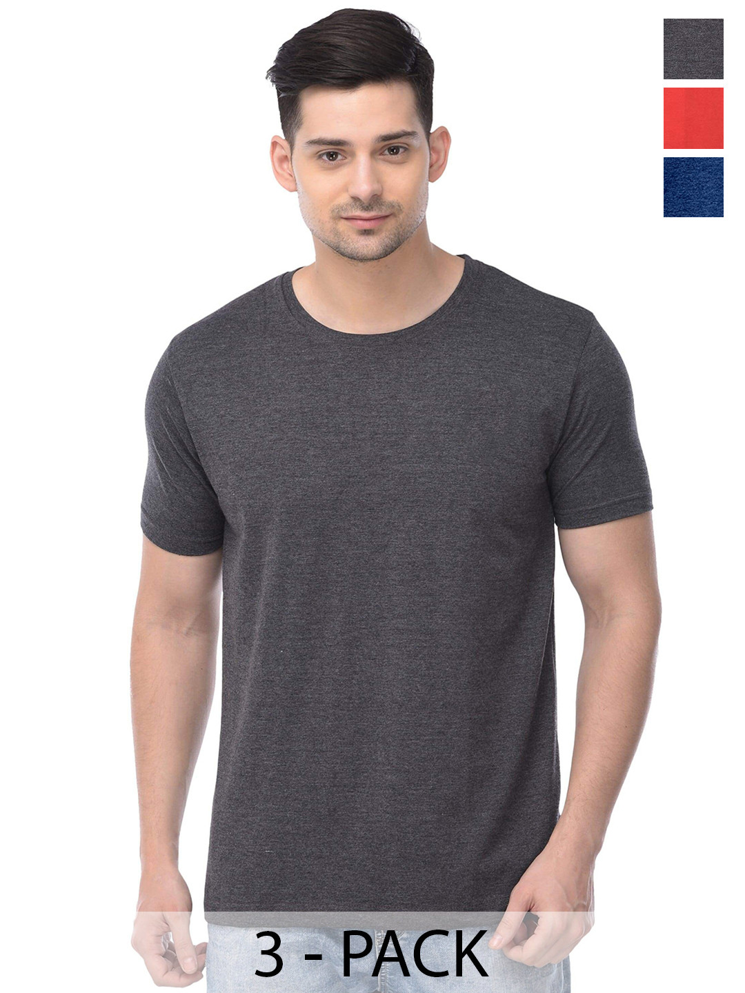 

COLOR CAPITAL Pack Of 3 Round Neck Cotton T-shirts, Grey