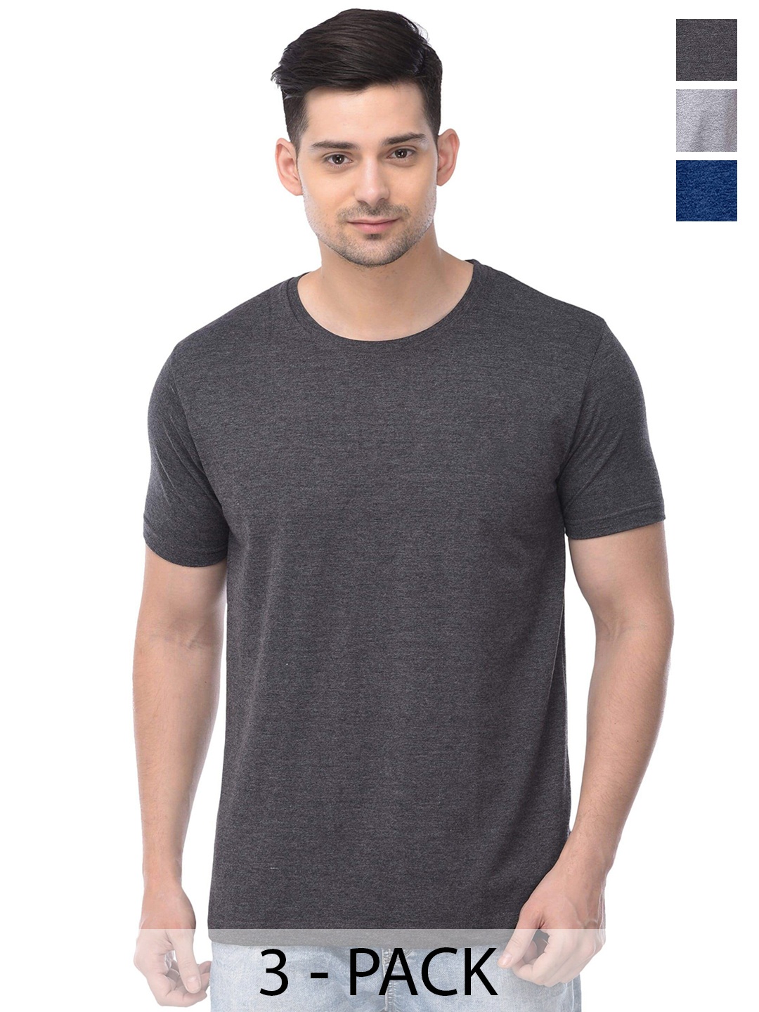 

COLOR CAPITAL Pack Of 3 Round Neck Short Sleeves Cotton T-shirts, Grey
