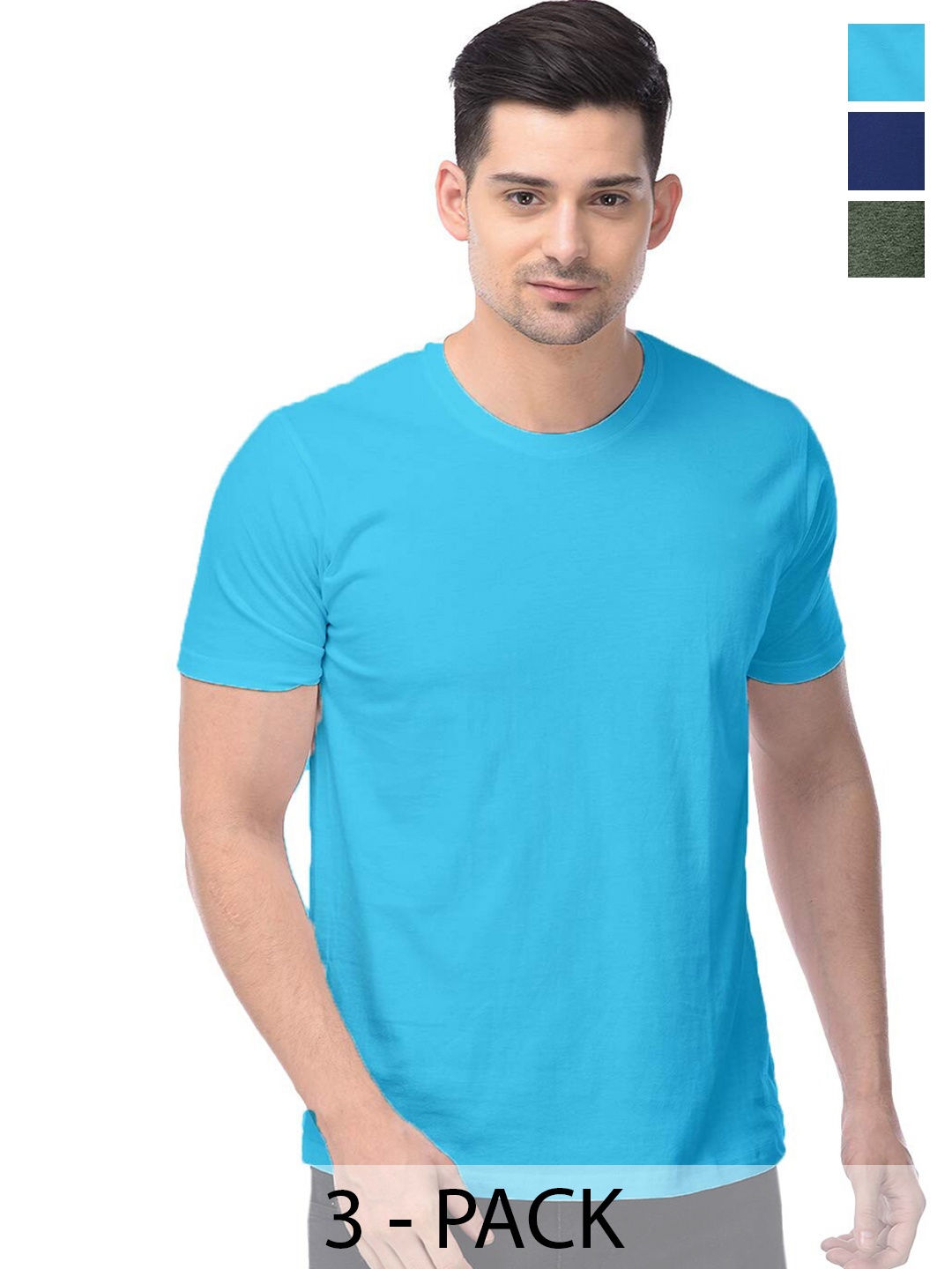 

COLOR CAPITAL Unisex Pack Of 3 Round Neck Cotton T-shirts, Blue