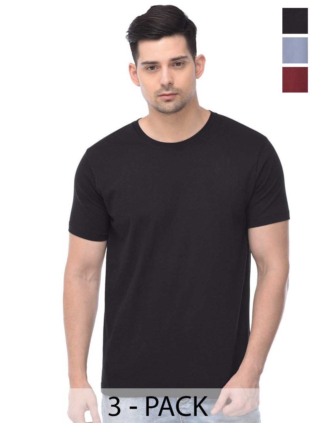 

COLOR CAPITAL Pack Of 3 Round Neck Short Sleeves Cotton T-shirts, Black