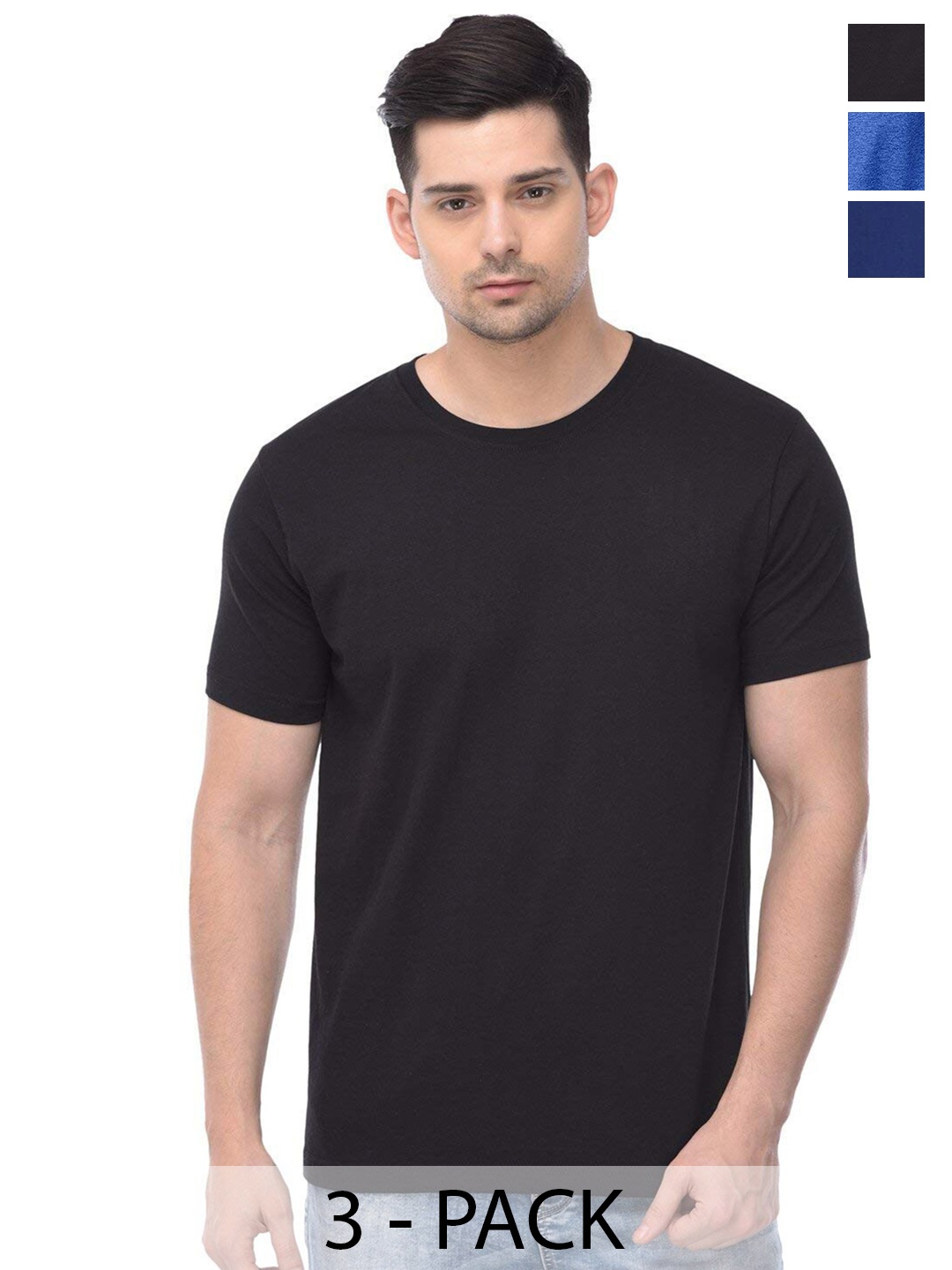 

COLOR CAPITAL Pack Of 3 Round Neck Short Sleeves Cotton T-shirts, Black