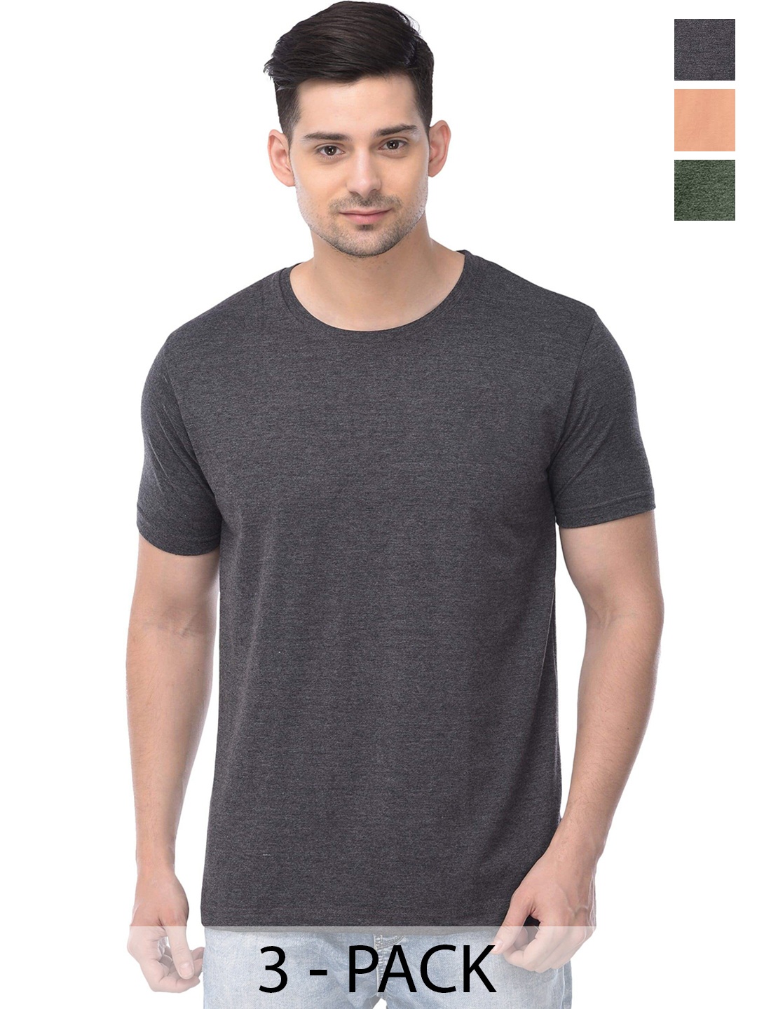 

COLOR CAPITAL Pack Of 3 Round Neck Short Sleeves Cotton T-shirts, Grey