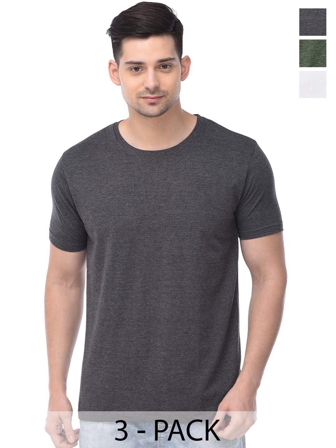 

COLOR CAPITAL Pack Of 3 Round Neck Short Sleeves Cotton T-shirts, Grey