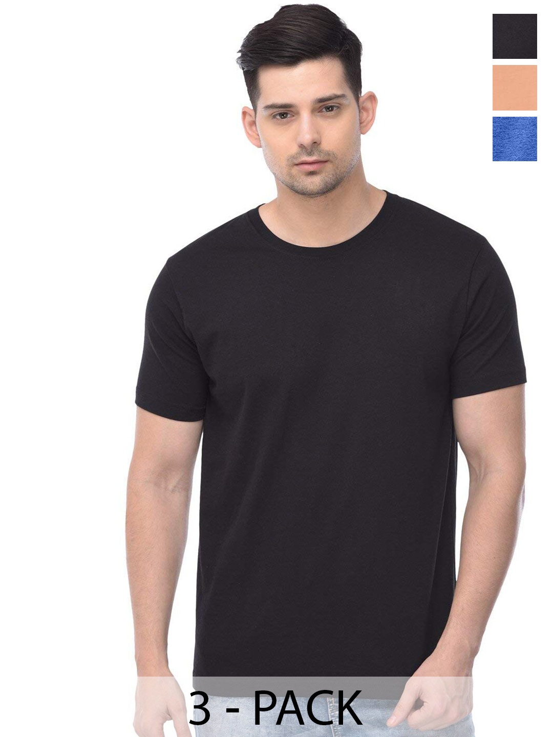 

COLOR CAPITAL Pack Of 3 Round Neck Short Sleeves Cotton T-shirts, Black