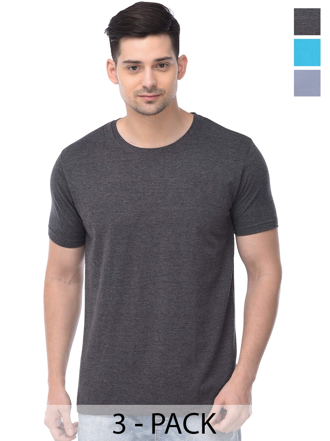 

COLOR CAPITAL Unisex Pack Of 3 Round Neck Cotton T-shirts, Charcoal