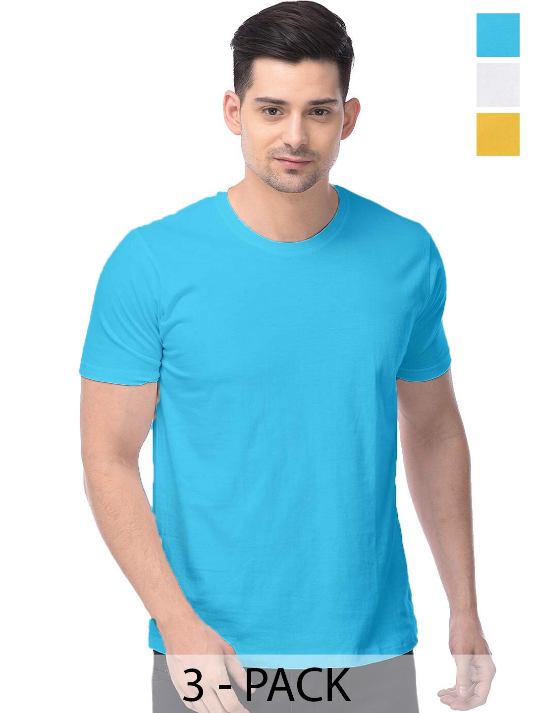

COLOR CAPITAL Pack Of 3 Round Neck Short Sleeves Cotton T-shirts, Blue
