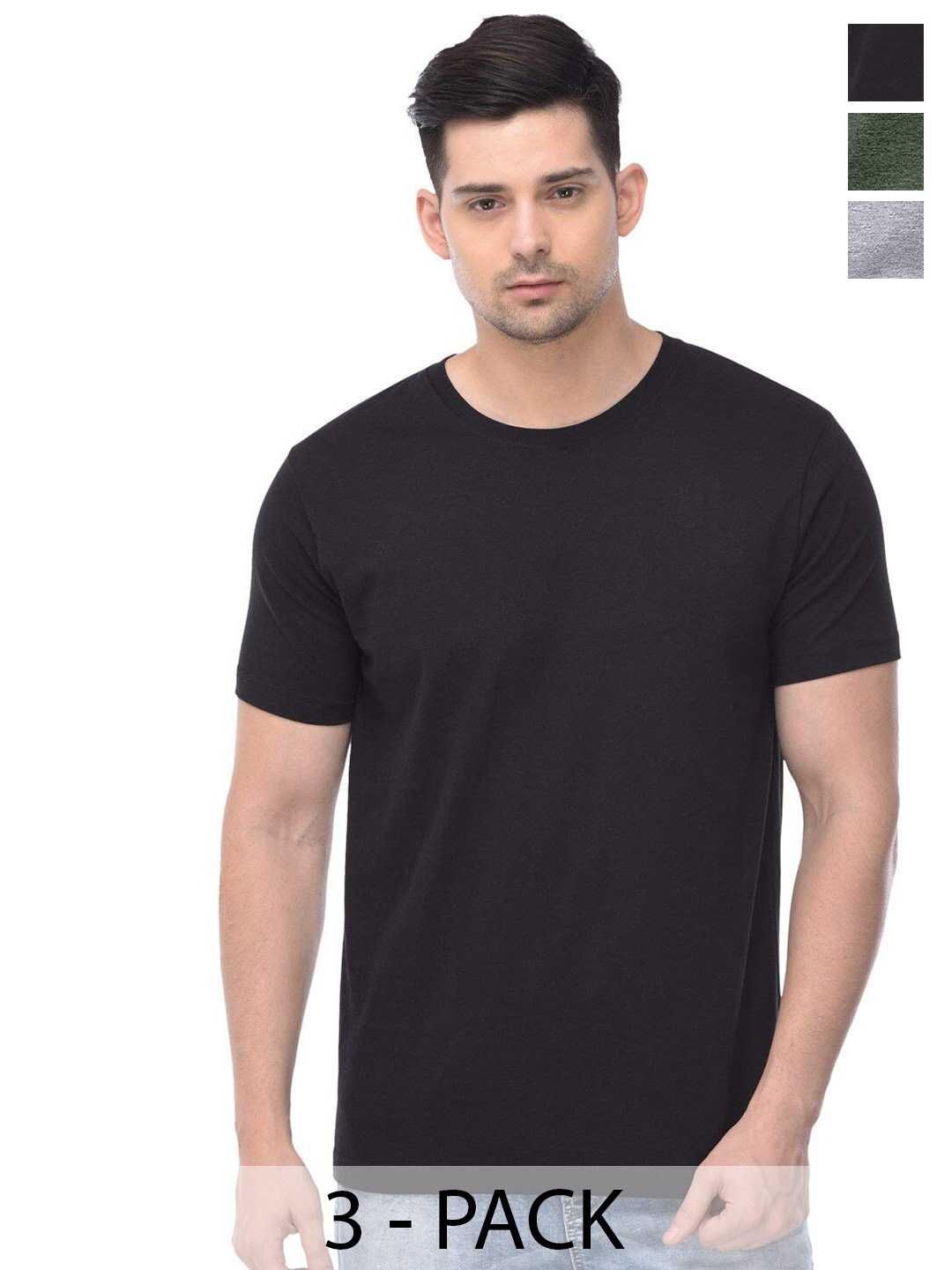 

COLOR CAPITAL Pack Of 3 Round Neck Cotton T-shirt, Black