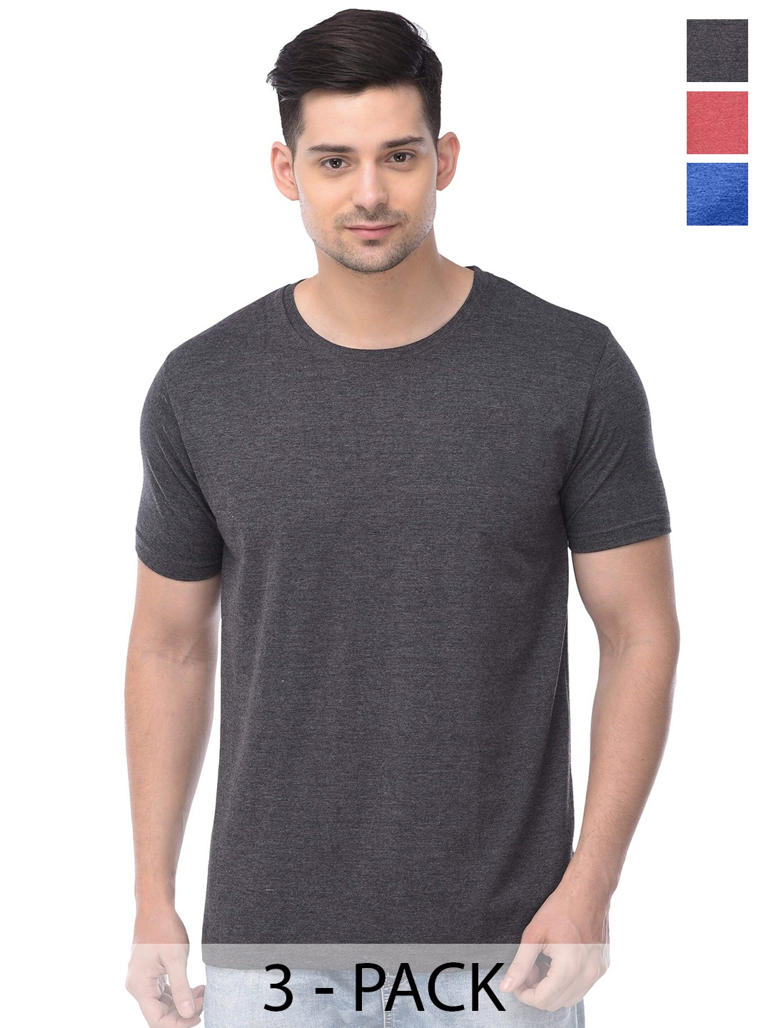 

COLOR CAPITAL Unisex Pack Of 3 Round Neck Casual Cotton T-shirt, Charcoal