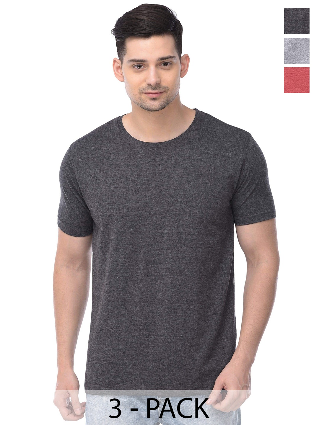 

COLOR CAPITAL Pack Of 3 Round Neck Cotton T-shirt, Grey