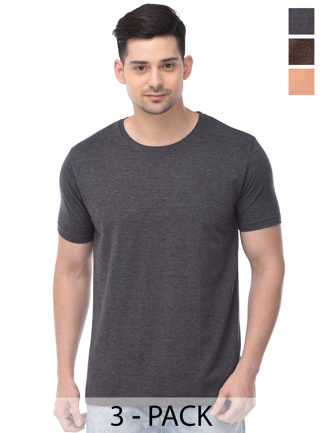 COLOR CAPITAL Unisex Pack Of 3 Round Neck Cotton Casual T-shirt, Grey