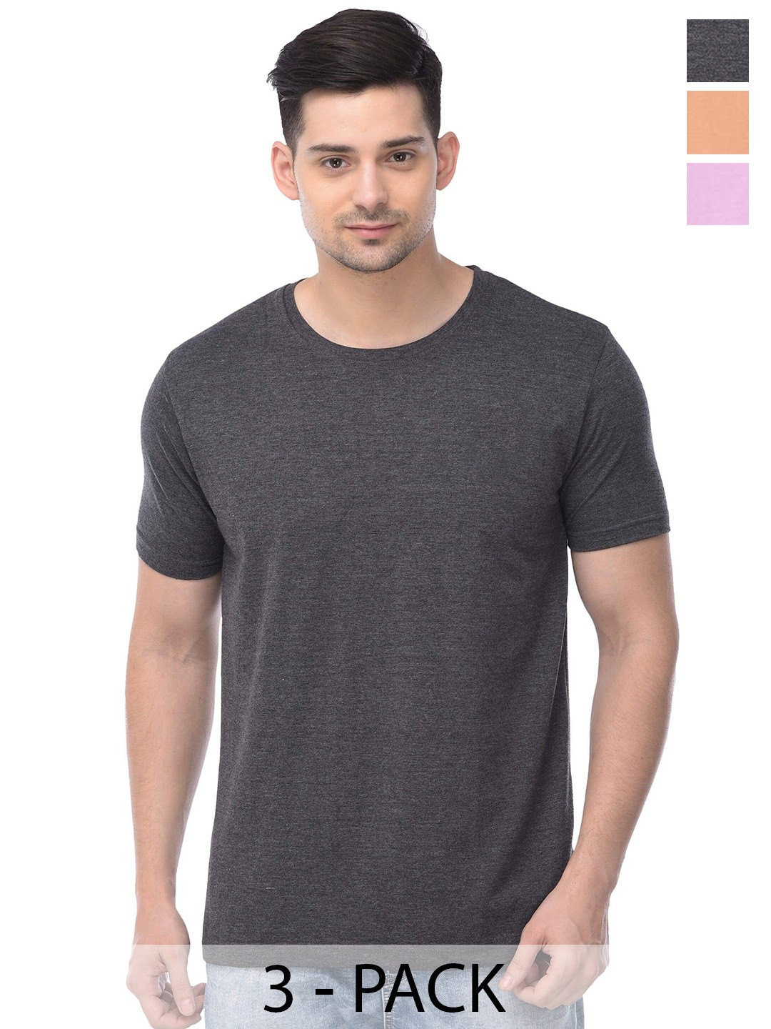 

COLOR CAPITAL Unisex Pack Of 3 Round Neck Casual Cotton T-shirt, Charcoal