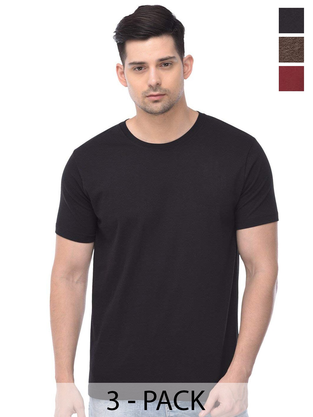 

COLOR CAPITAL Pack Of 3 Round Neck Short Sleeves Cotton T-shirts, Black