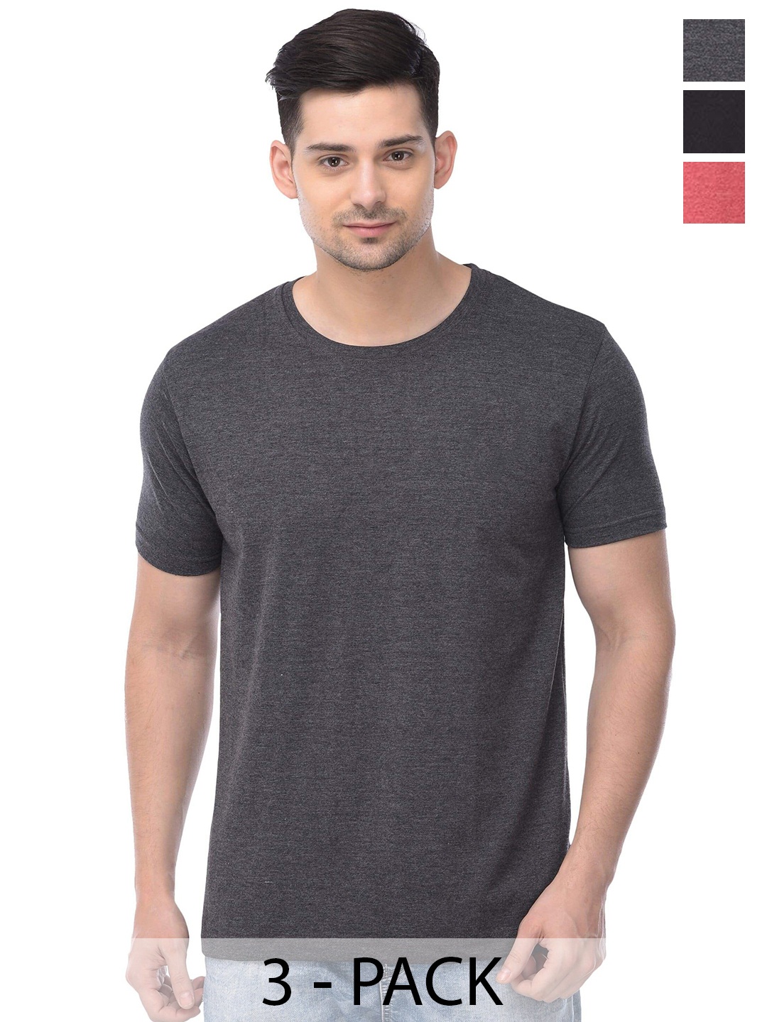 

COLOR CAPITAL Pack Of 3 Round Neck Cotton T-shirts, Grey