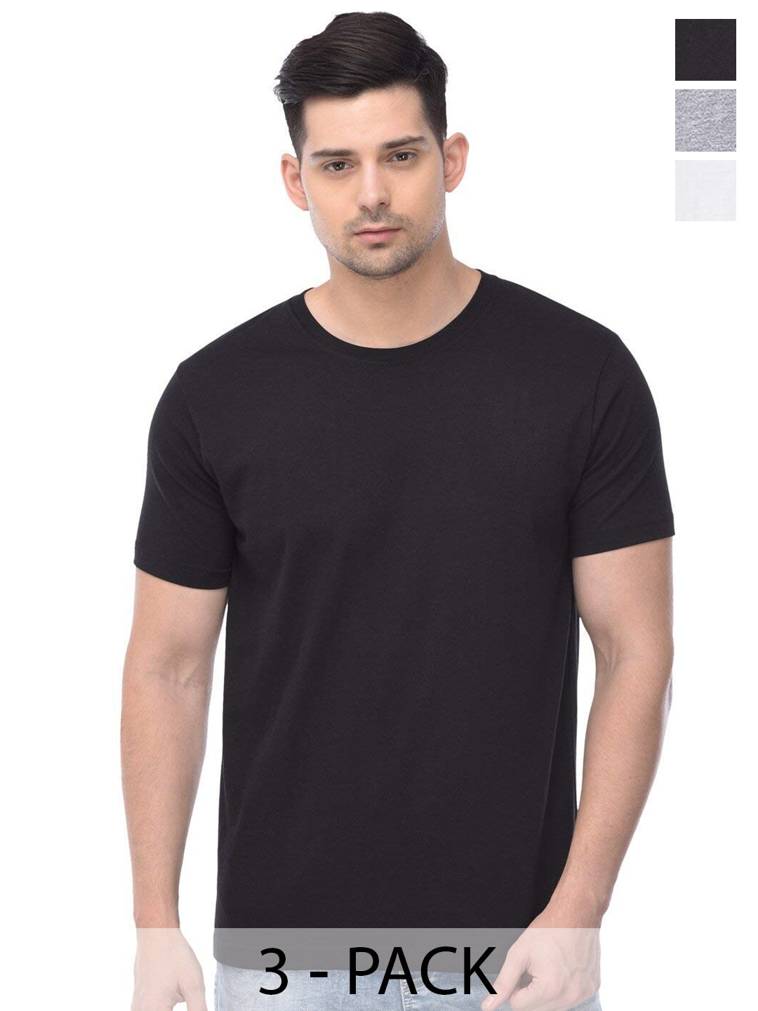 

COLOR CAPITAL Unisex Pack Of 3 Round Neck Cotton Casual T-shirt, Black