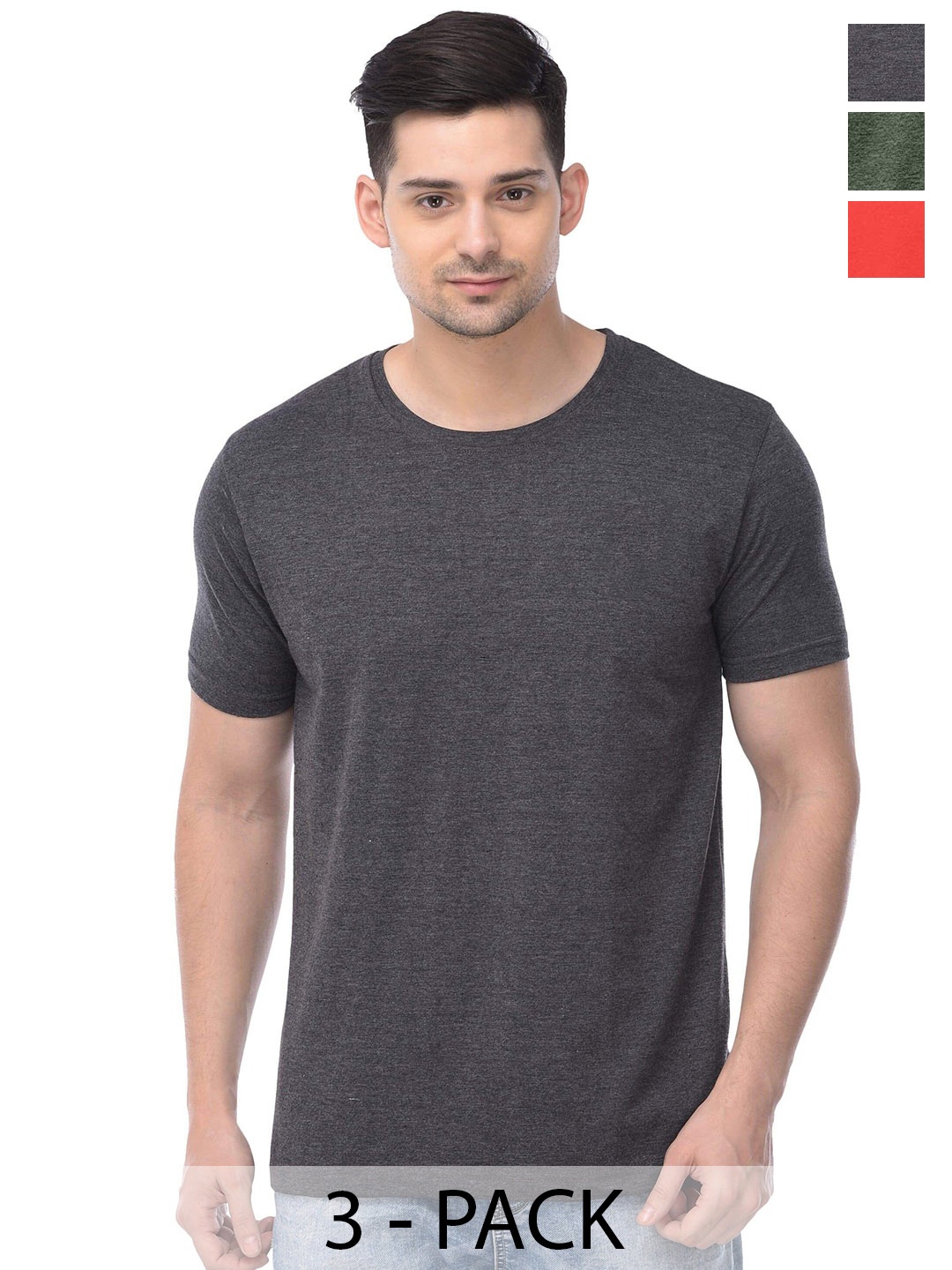 

COLOR CAPITAL Pack Of 3 Round Neck Cotton T-shirts, Grey