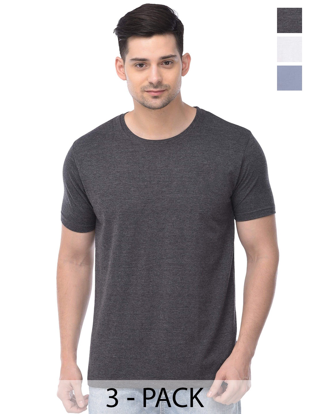 

COLOR CAPITAL Unisex Pack Of 3 Round Neck Cotton T-shirts, Charcoal