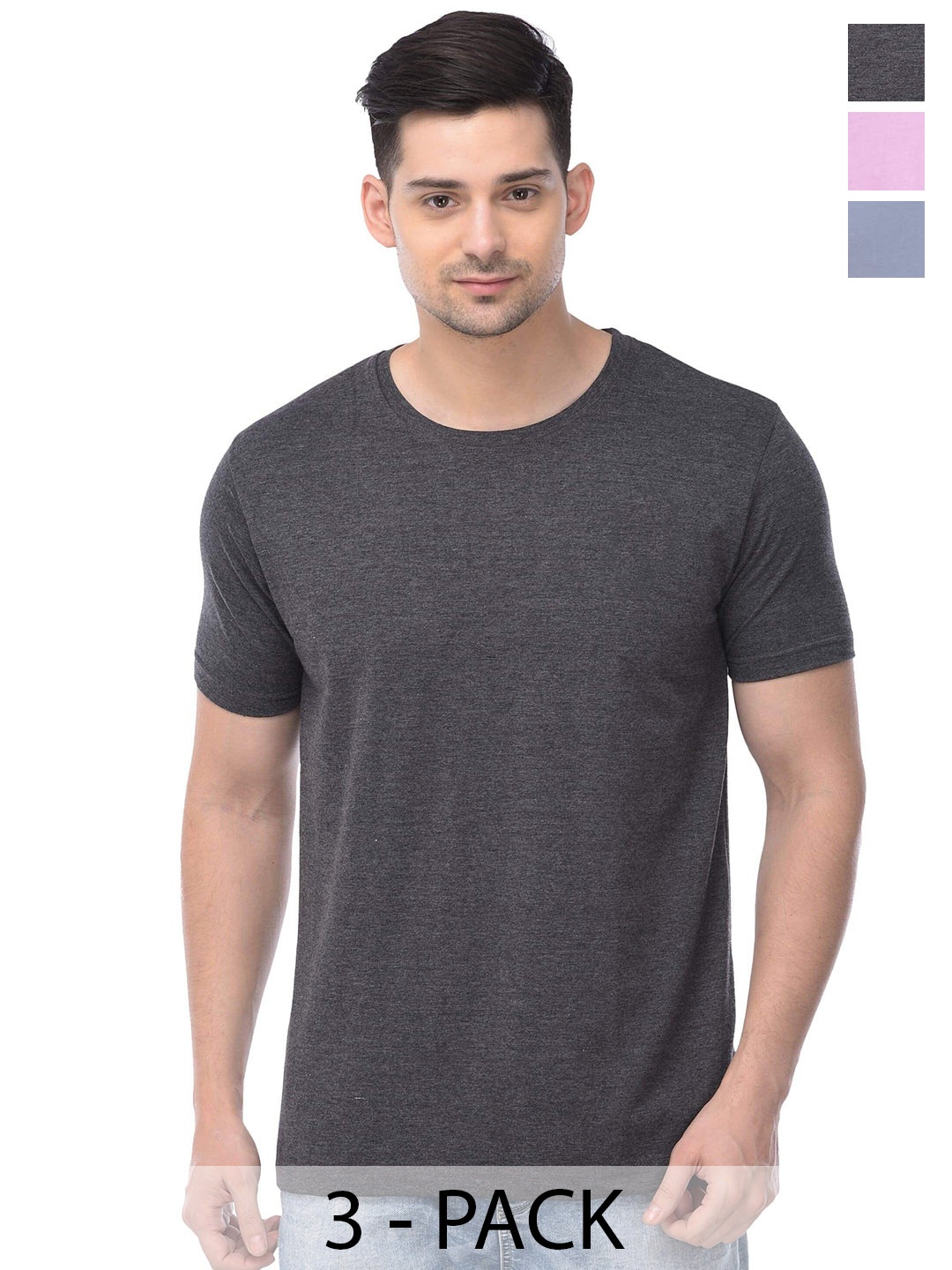 

COLOR CAPITAL Pack Of 3 Round Neck Cotton T-shirts, Charcoal