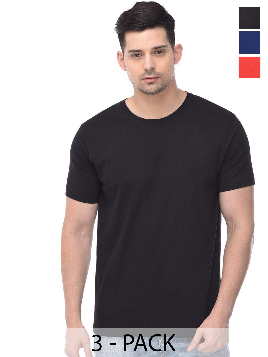 

COLOR CAPITAL Unisex Pack Of 3 Round Neck Cotton T-shirts, Black