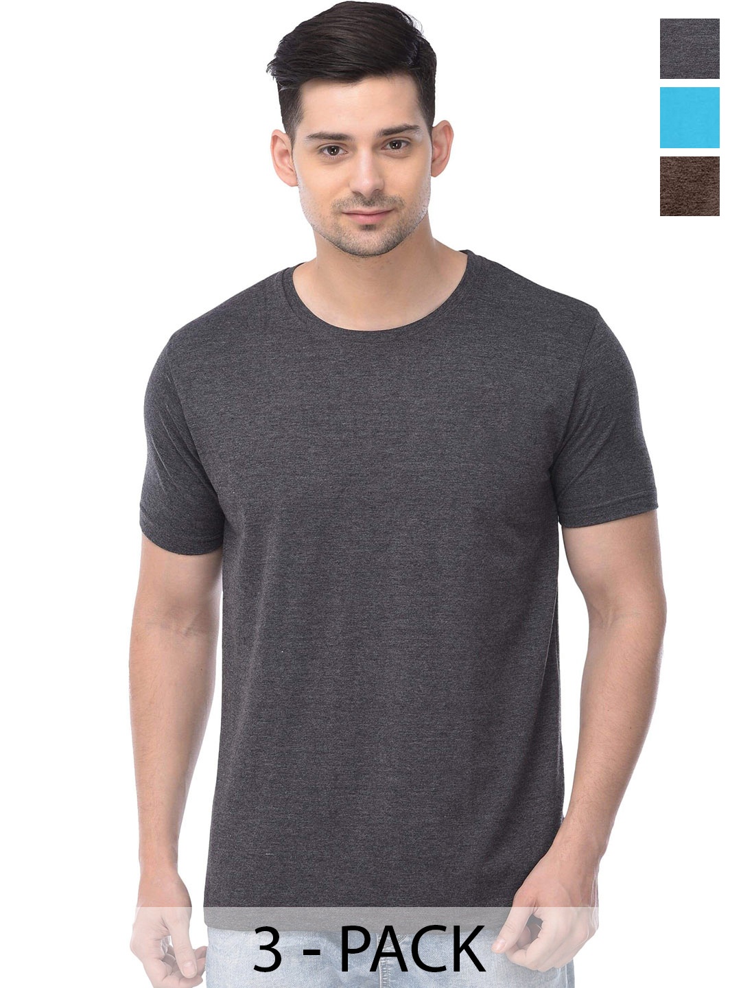 

COLOR CAPITAL Unisex Pack Of 3 Round Neck Cotton T-shirts, Charcoal