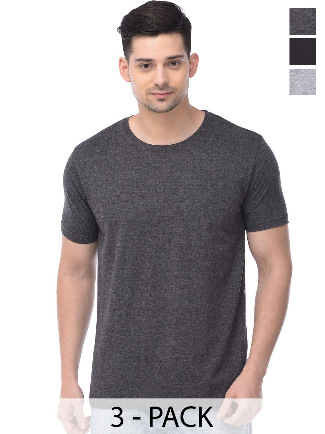 

COLOR CAPITAL Pack Of 3 Round Neck Cotton T-shirt, Grey