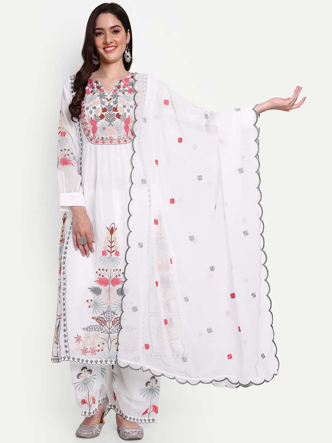 

J.KANJI Embroidered Pleated Georgette Kurta with Palazzos & With Dupatta, Off white