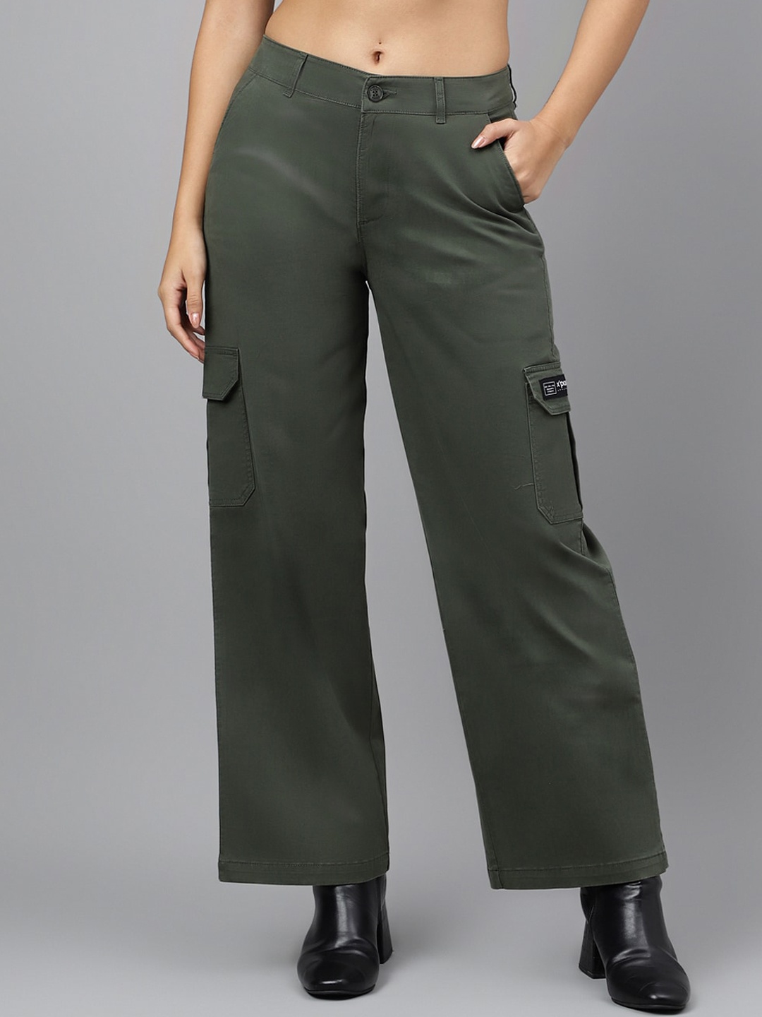 

Xpose Women Comfort Straight Fit High-Rise Easy Wash Pure Cotton Cargos, Green