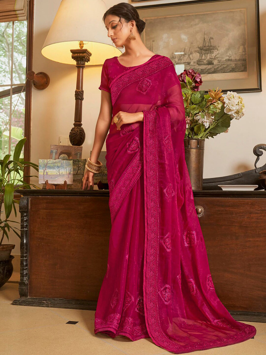 

Kalista Ethnic Motifs Embroidered Embellished Pure Chiffon Saree, Burgundy