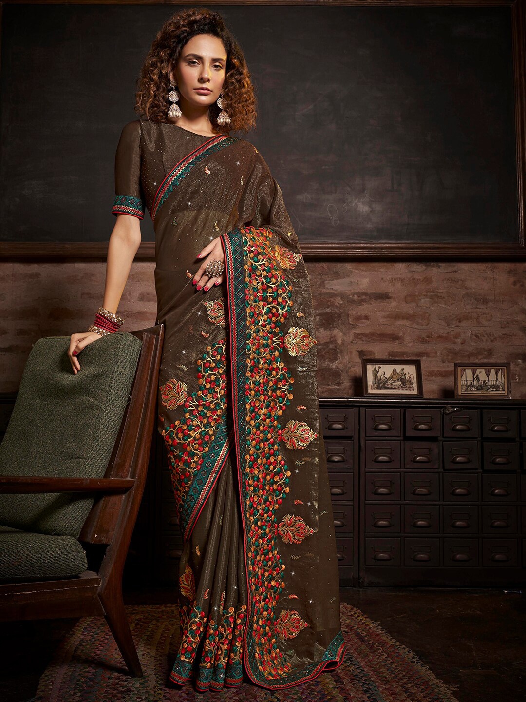 

Kalista Brown & Green Ethnic Motifs Embroidered Pure Chiffon Saree