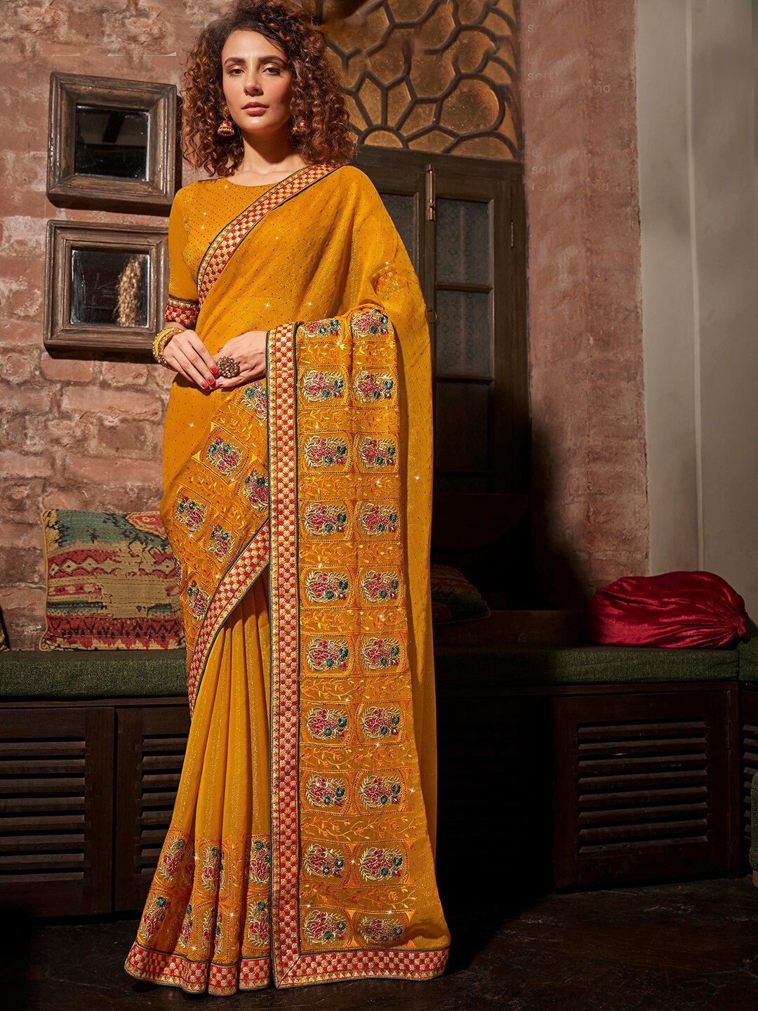 

Kalista Mustard & Green Ethnic Motifs Embroidered Embellished Pure Chiffon Saree