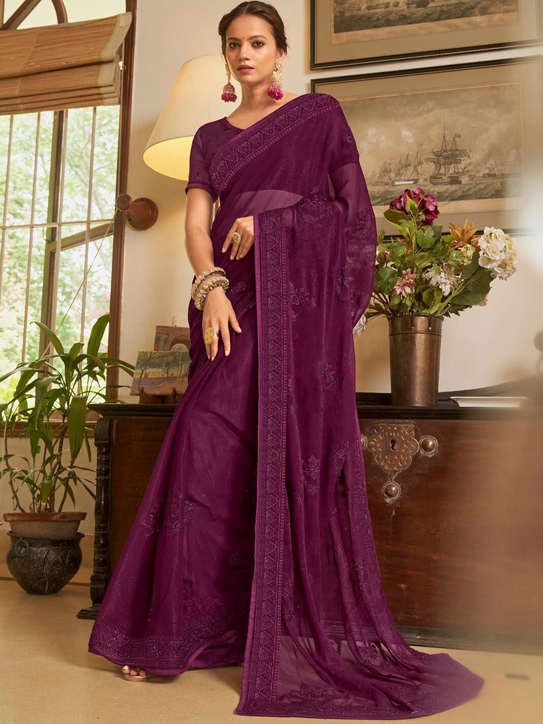 

Kalista Purple Ethnic Motifs Embroidered Pure Chiffon Saree