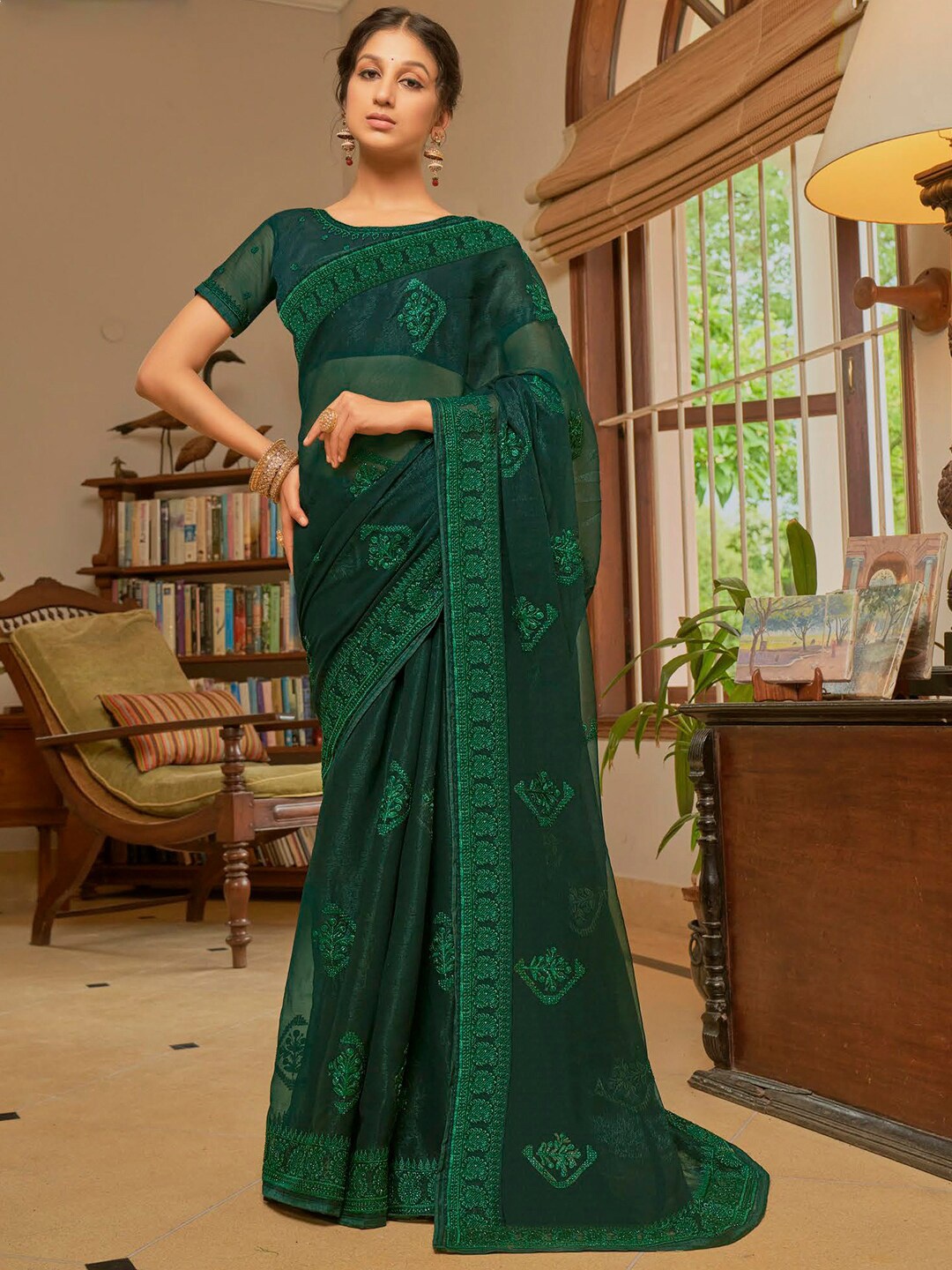 

Kalista Green Ethnic Motifs Embroidered Embellished Pure Chiffon Saree