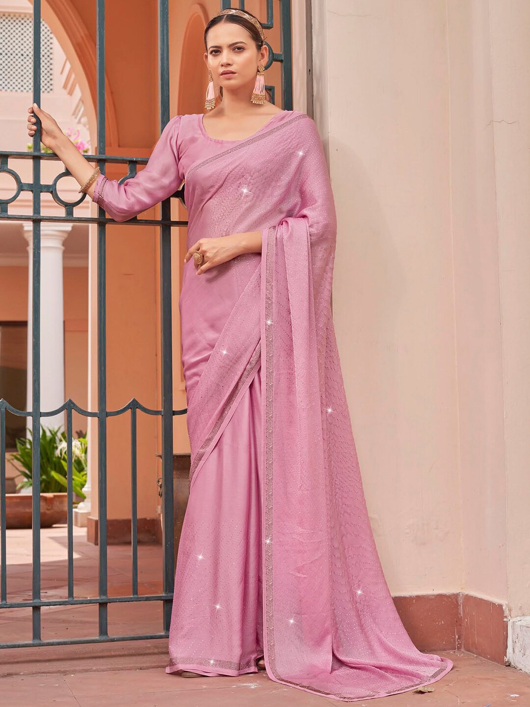 

Kalista Embellished Beads and Stones Satin Saree, Pink