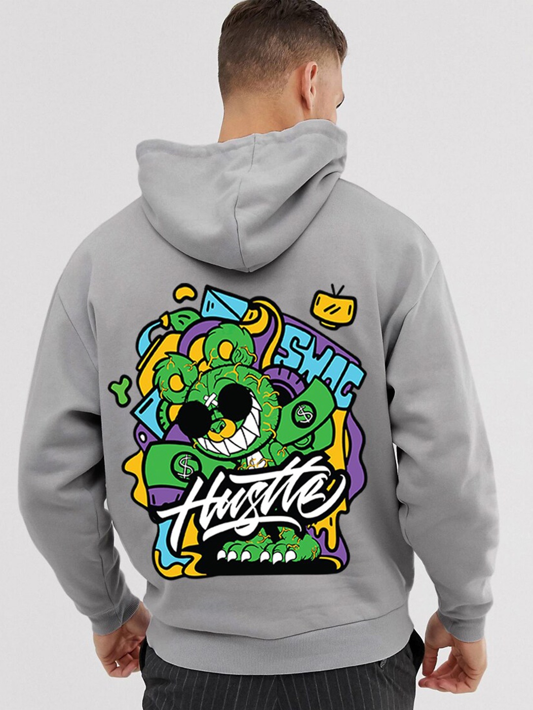 

VEIRDO Grey Graphic Printed Hooded Fleece Oversized Sweatshirt