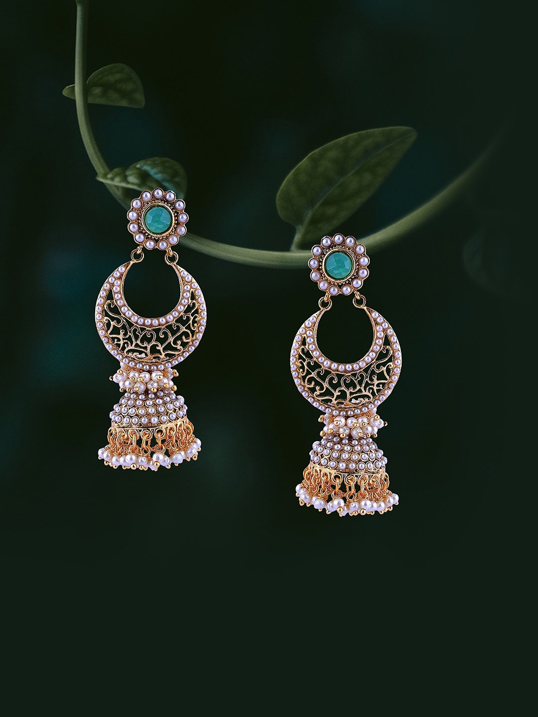 

Adwitiya Collection 24CT Gold-Plated Stone-Studded & Beaded Classic Jhumkas
