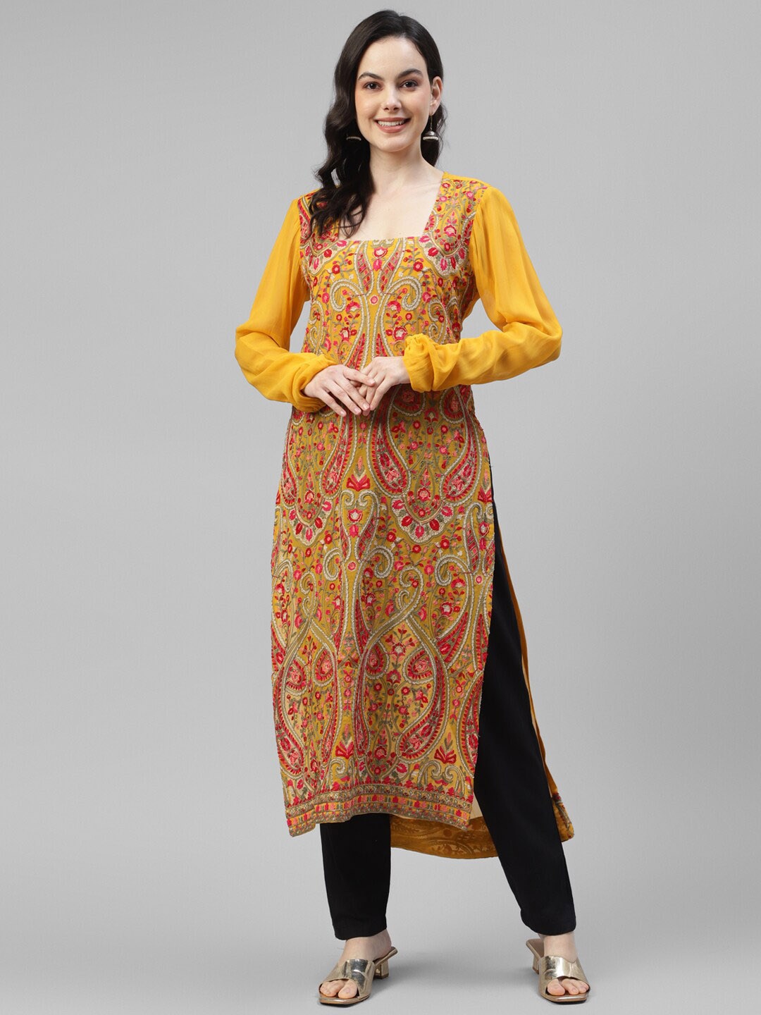

DEEBACO Paisley Embroidered Calf Length Straight Kurta, Mustard