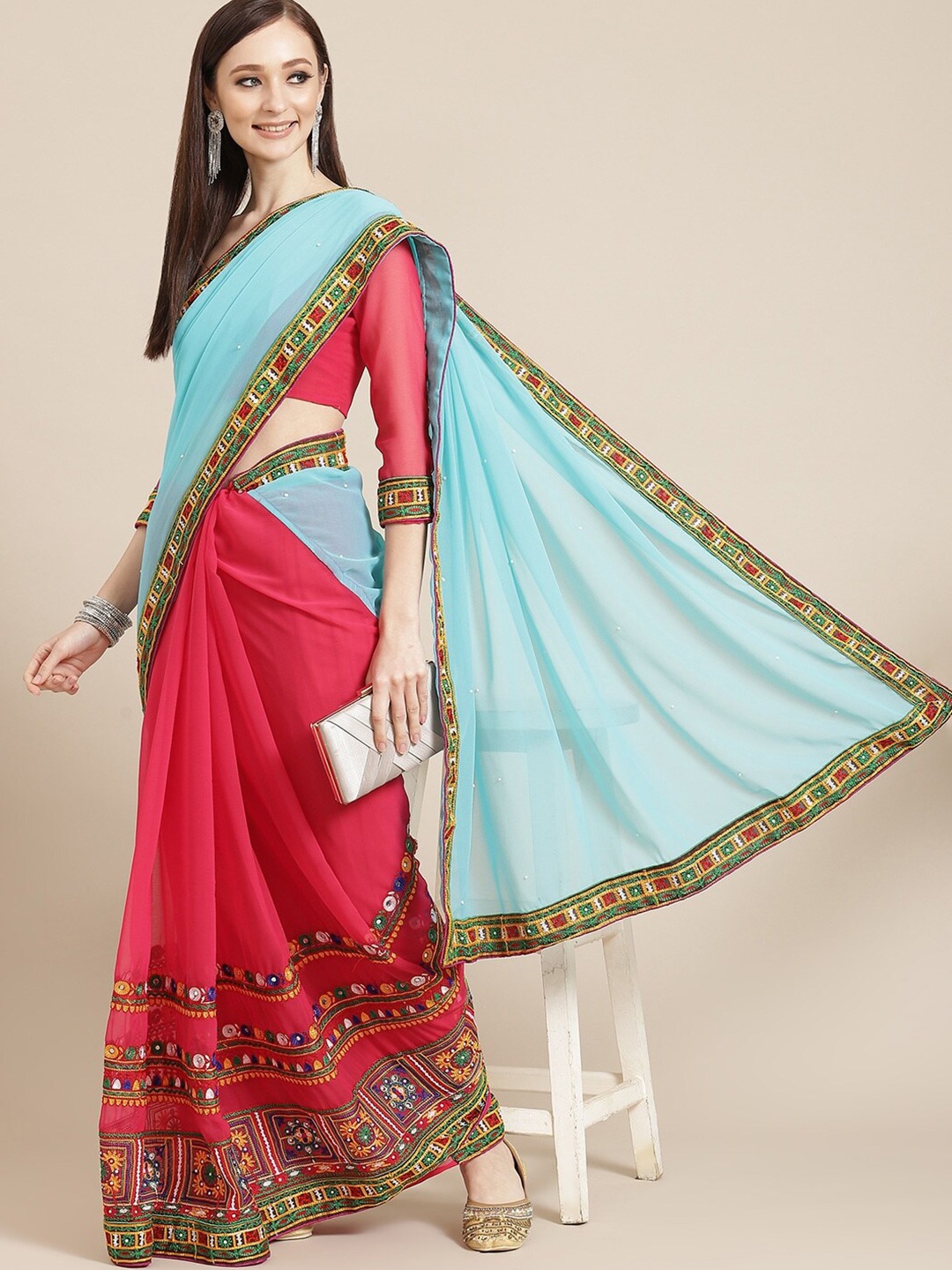 

Mitera Turquoise Blue & Pink Ethnic Motifs Embroidered Pure Georgette Half and Half Saree
