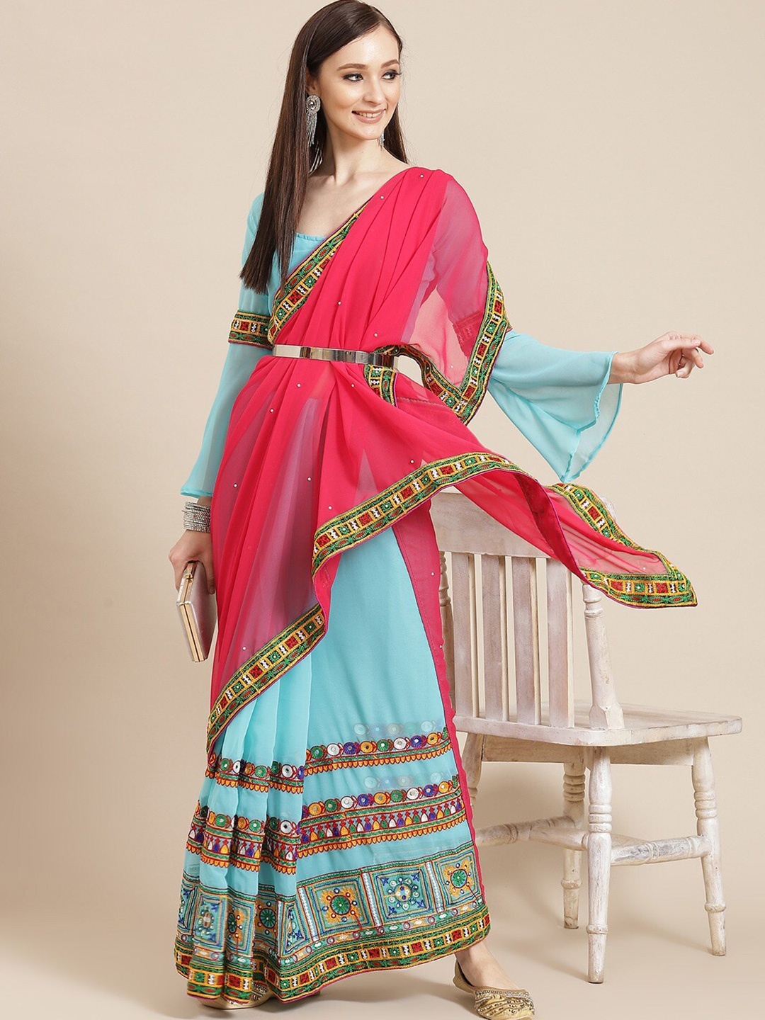 

Mitera Pink & Turquoise Blue Ethnic Motifs Embroidered Pure Georgette Half and Half Saree