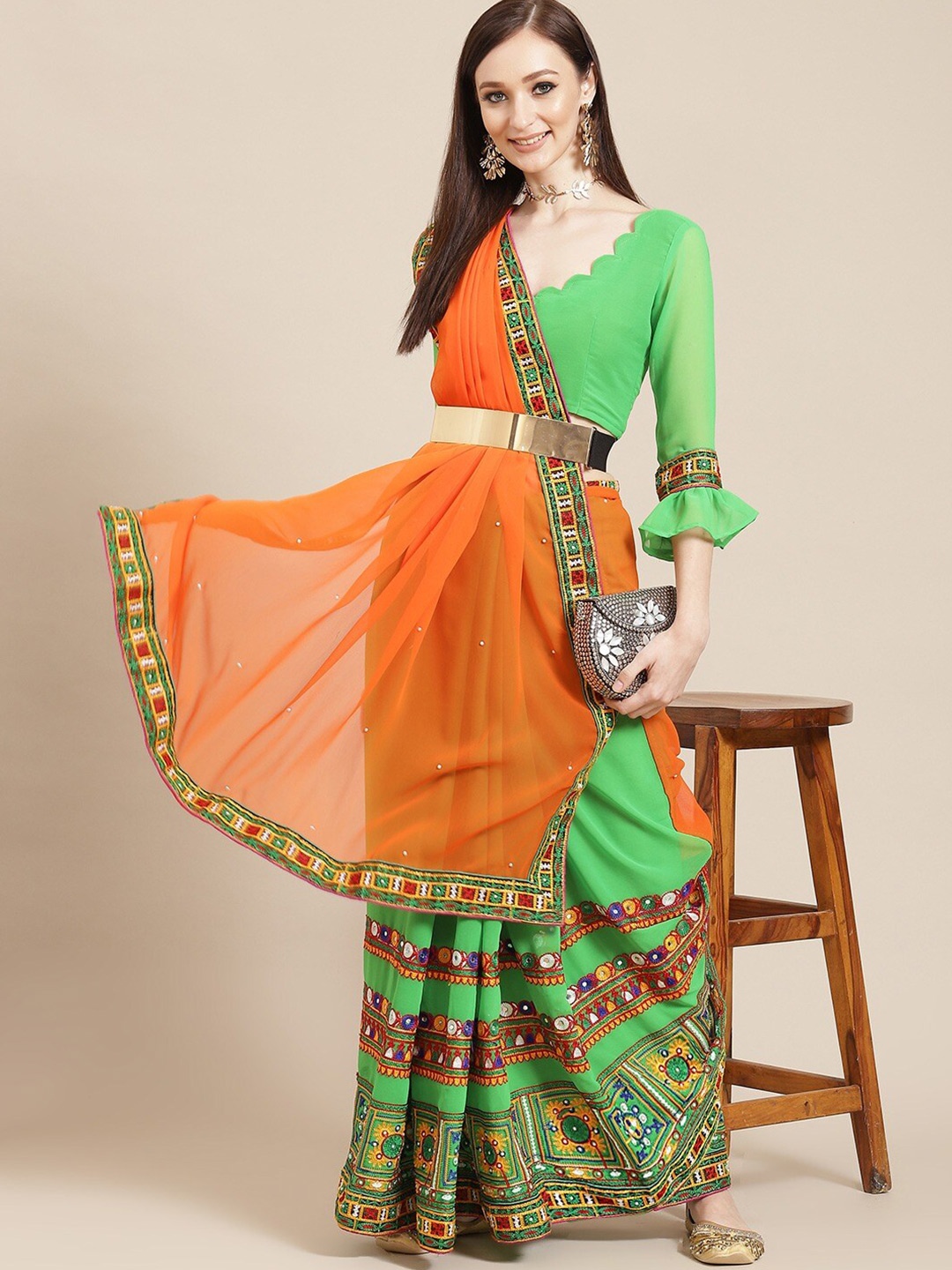 

Mitera Orange & Green Ethnic Motifs Embroidered Pure Georgette Half and Half Saree