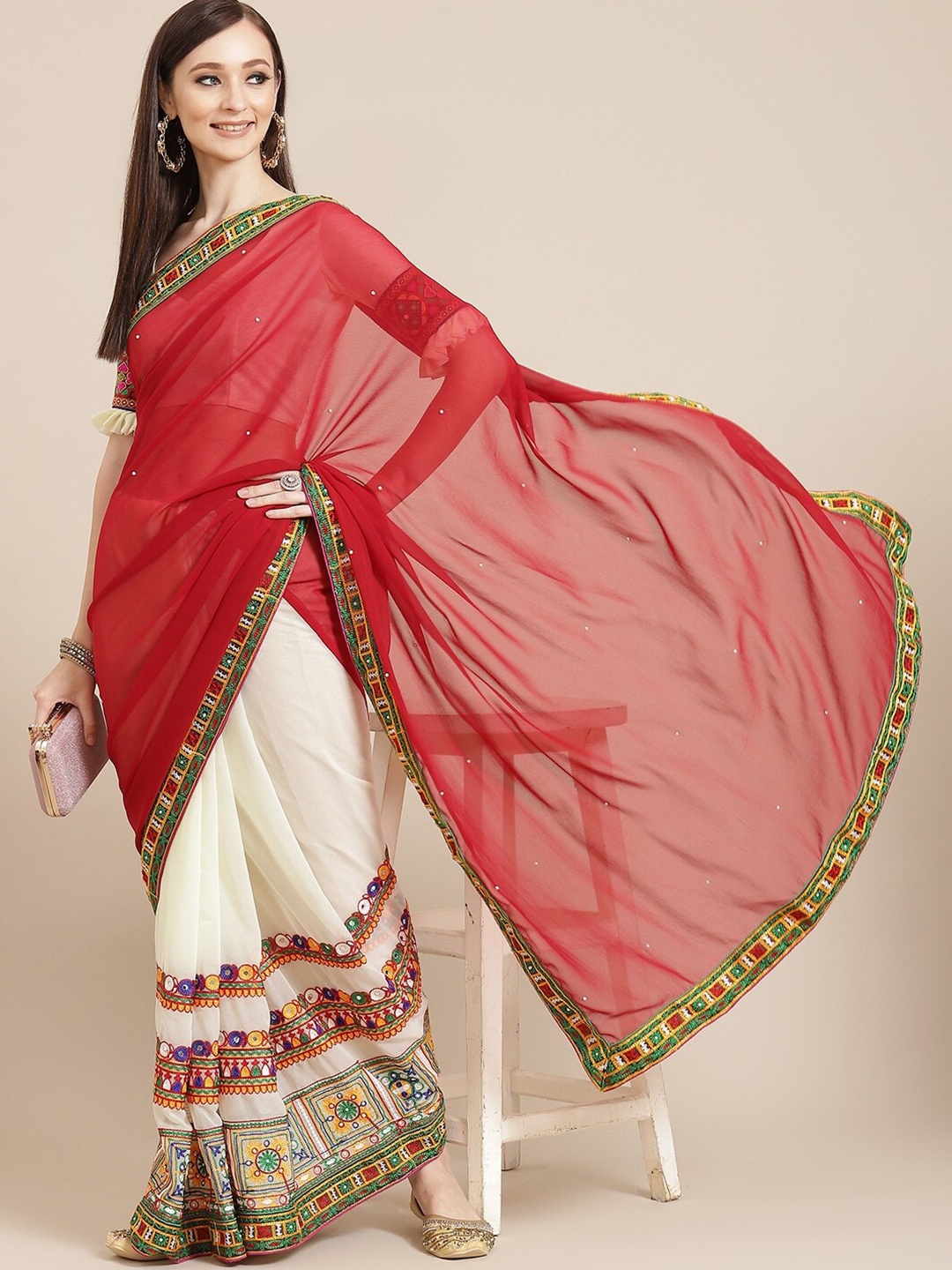 

Mitera Maroon & White Ethnic Motifs Embroidered Pure Georgette Half and Half Saree