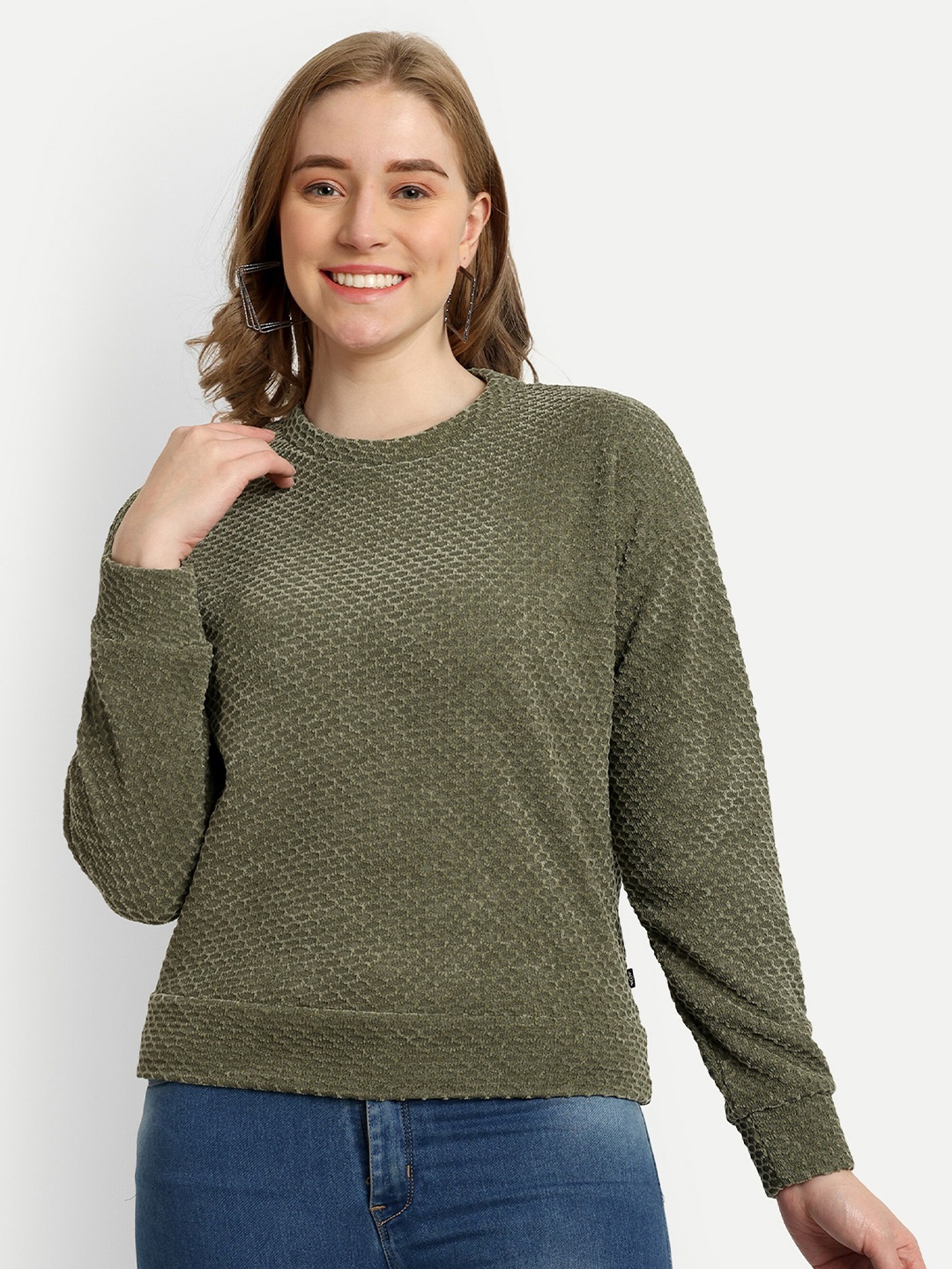 

The Roadster Lifestyle Co. Olive Green Self Design Round Neck Long Sleeves Pullover
