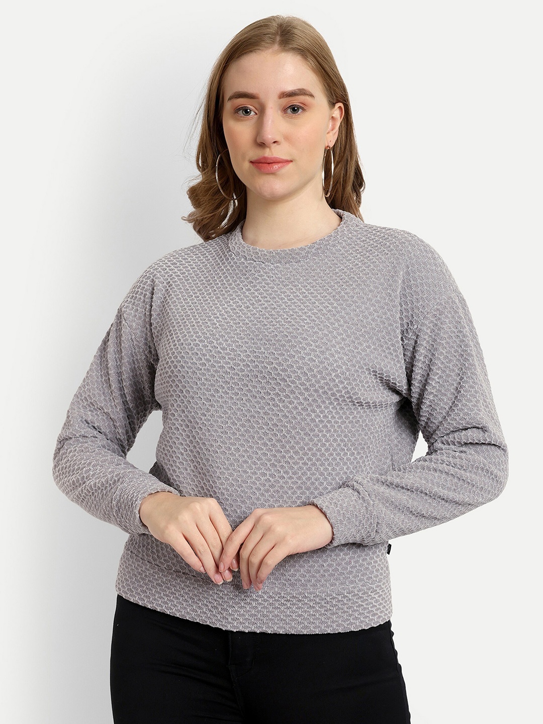 

The Roadster Lifestyle Co. Grey Self Designed Long Sleeves Velour Pullover