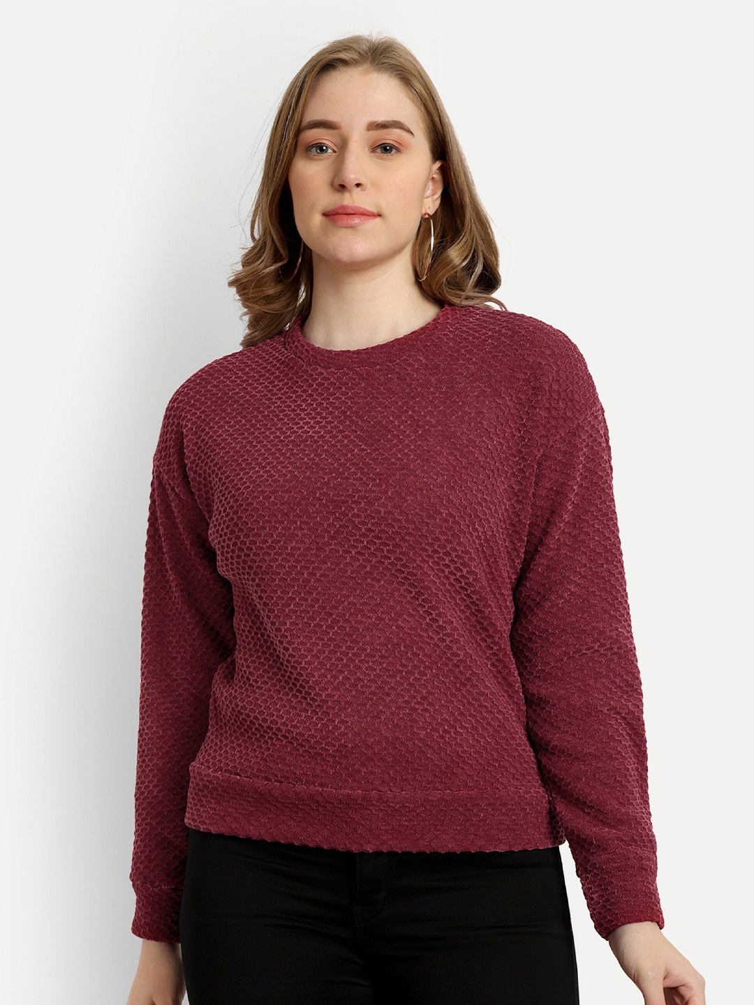

The Roadster Lifestyle Co. Maroon Self Designed Long Sleeves Velour Pullover