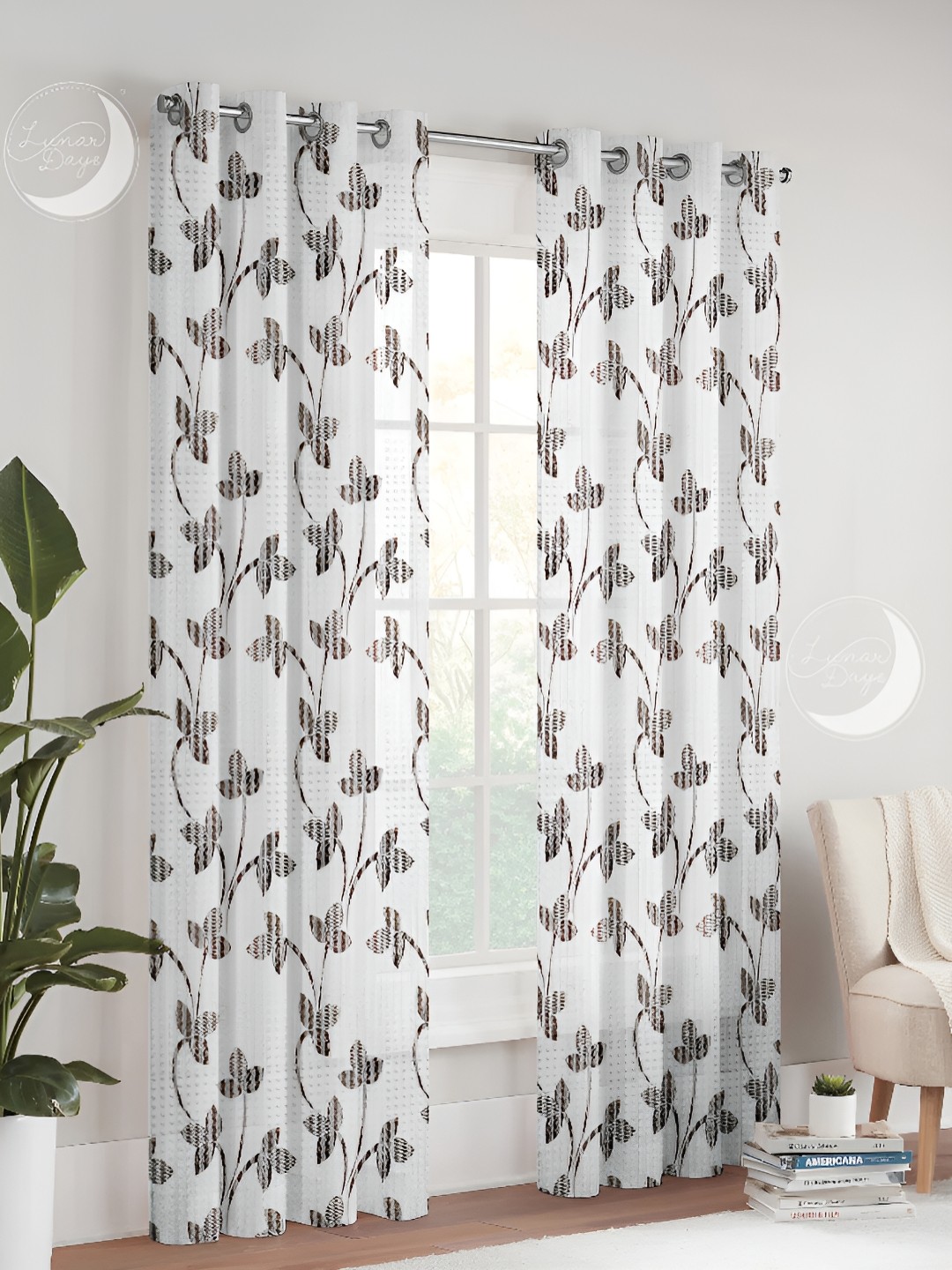 

Lunar Days Brown & White Set of 3 Floral Sheer Long Door Curtain