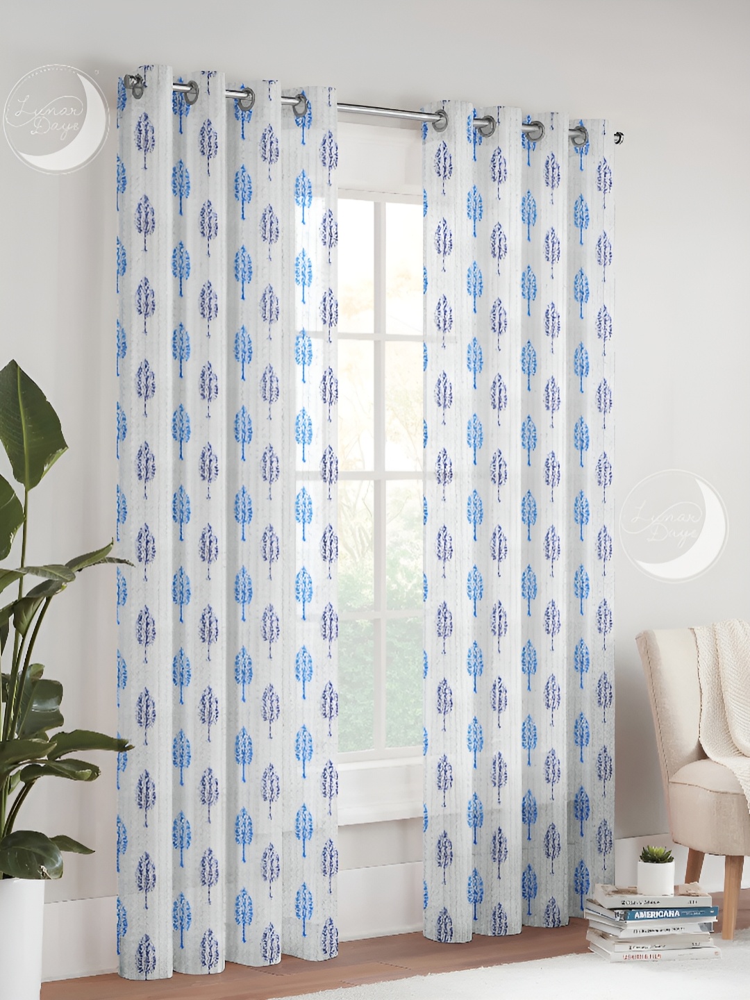

Lunar Days Blue & White 2Pcs Floral Sheer Window Curtain