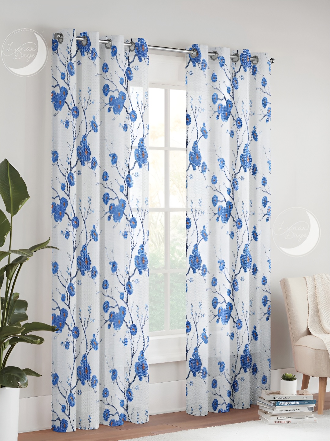 

Lunar Days Blue & White Set of 2 Floral Sheer Door Curtain
