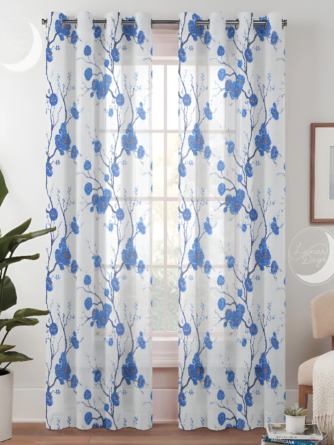 

Lunar Days Blue & White Set of 2 Floral Sheer Long Door Curtain